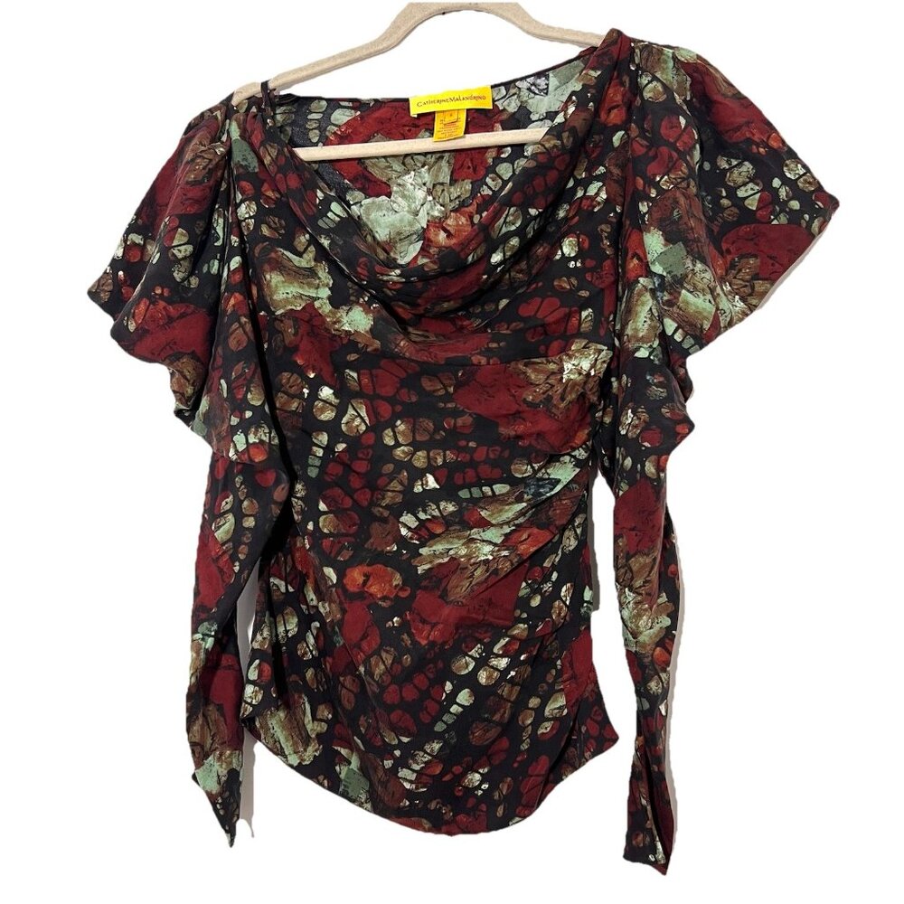 Catherine Malandrino Blouse Womens 0 Silk Dramatic Puff Sleeve Geometric Party